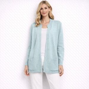 J Jill Open Front Pocket‎ Cardigan Sweater Soft Aqua Blue Cotton Women's XL